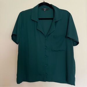 Dark Green Short Sleeve Button-Up Top